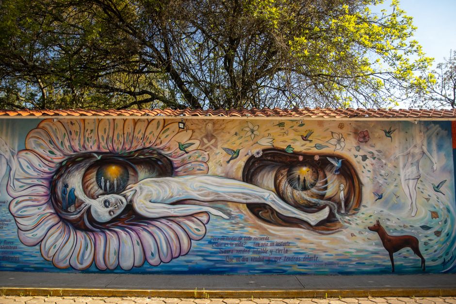 Colorful street art mural featuring surreal landscapes and nature motifs on an outdoor wall.
